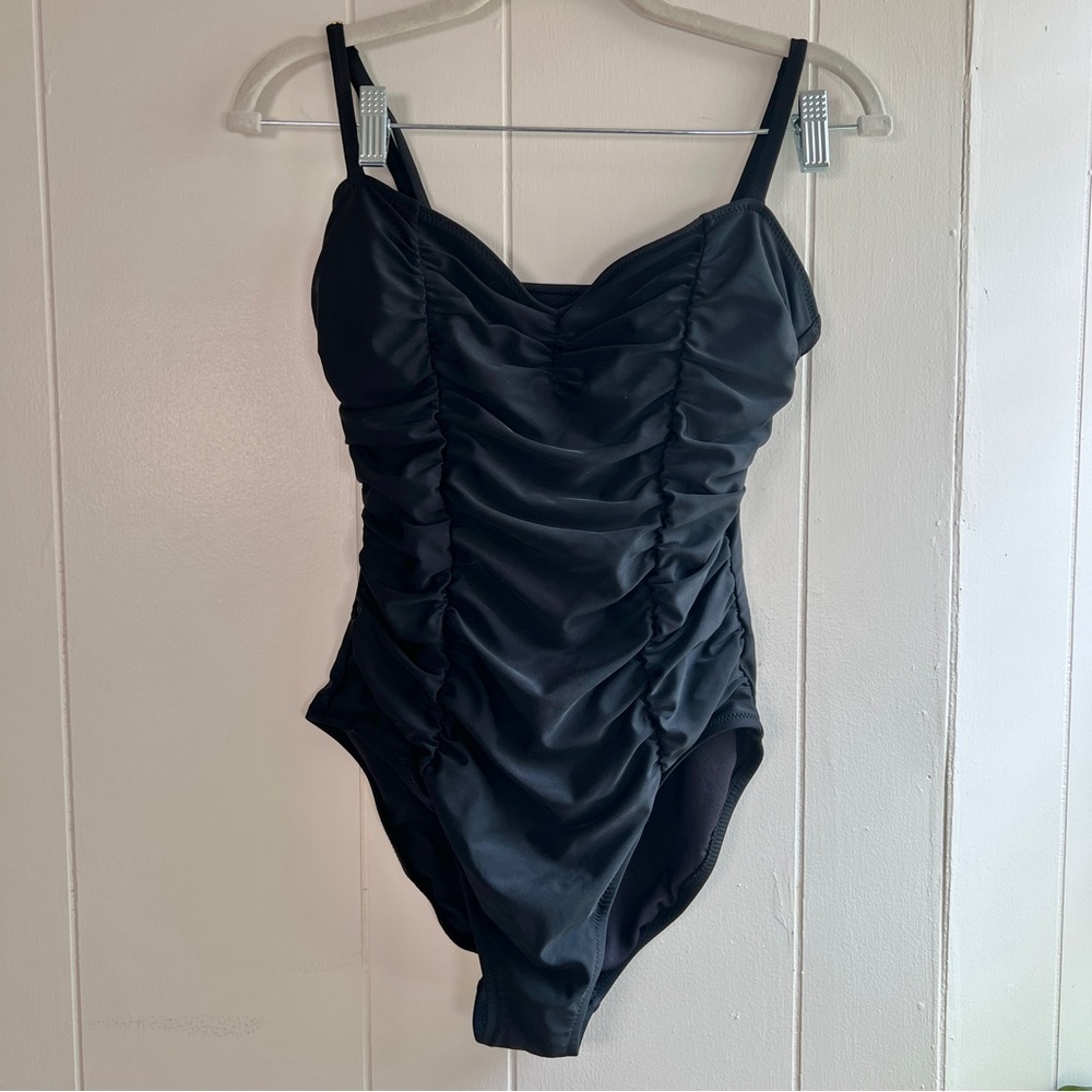 ABS allen schwartz ruched black one piece swimsuit size 10